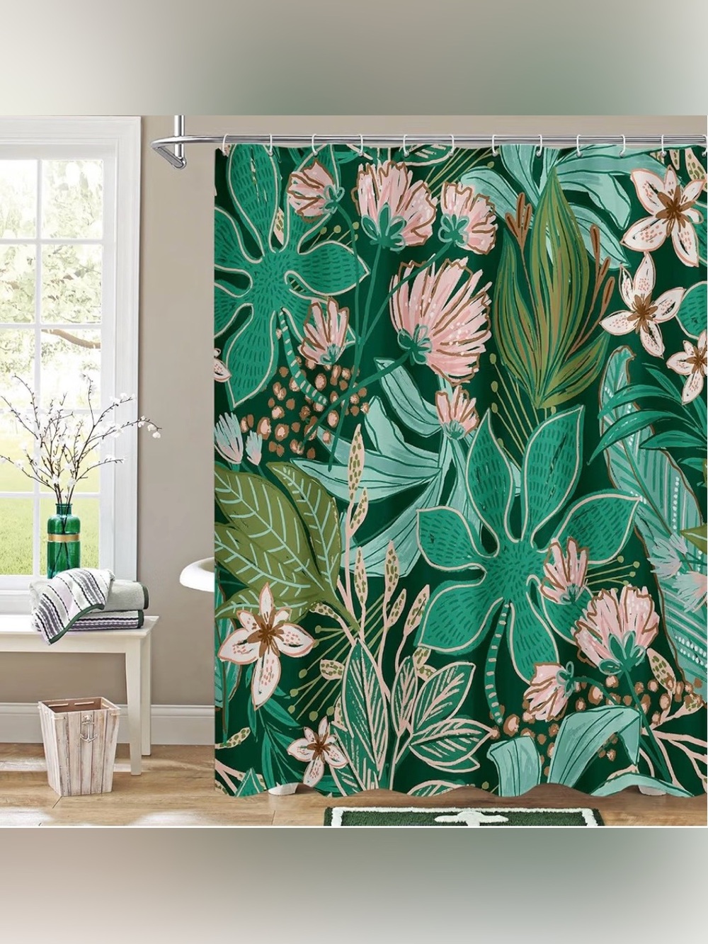 Lush Tropical Floral Fabric Shower Curtain